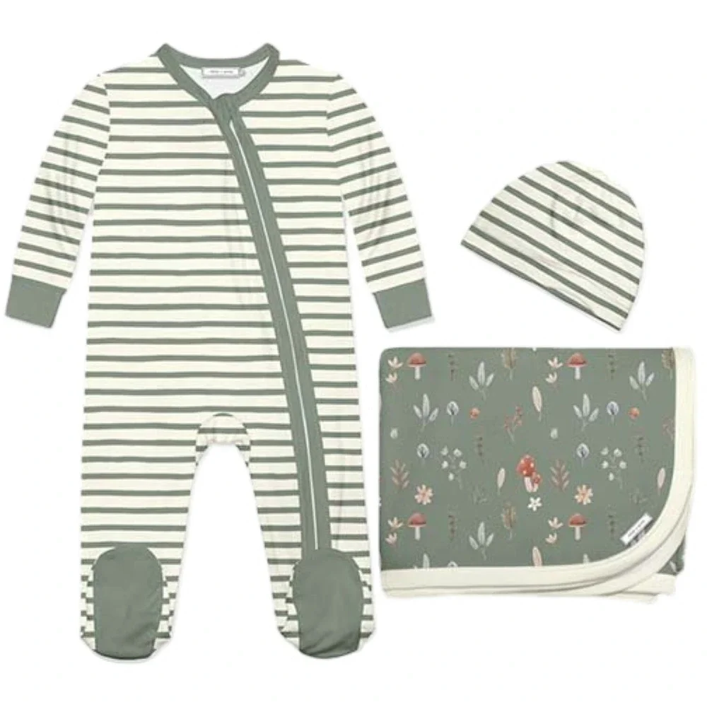 Little Millie 3pc Leaves Mushrooms Baby 6 Mo Blanket Footsie Sleeper Hat Set NWT